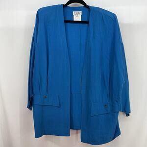 CHAR 100% SILK Jacket Size 8 / Large Vintage Open Front Cobalt Blue Should Pads‎